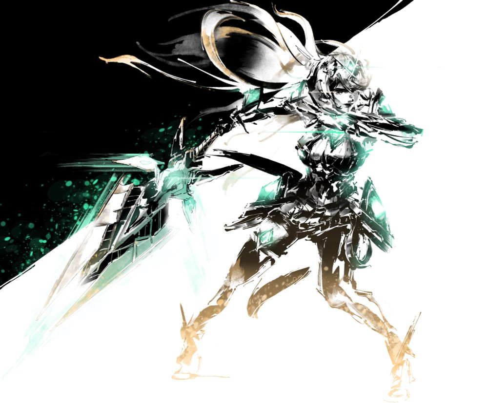 The Aegis Mythra from Xenoblade Chronicles 2. She is looking right from our perspective, with her body facing us directly. She has swung her sword down and behind her, with her other hand coming around in front of her through the motion. Her stance has her feet stood apart and her hips lowered a little for balance, her body leant over forward slightly after the swing. Her hair flows behind her, to the left from the viewers perspective. There are neon green glows from her armour and her core crystal, as well as the energy from her blade.