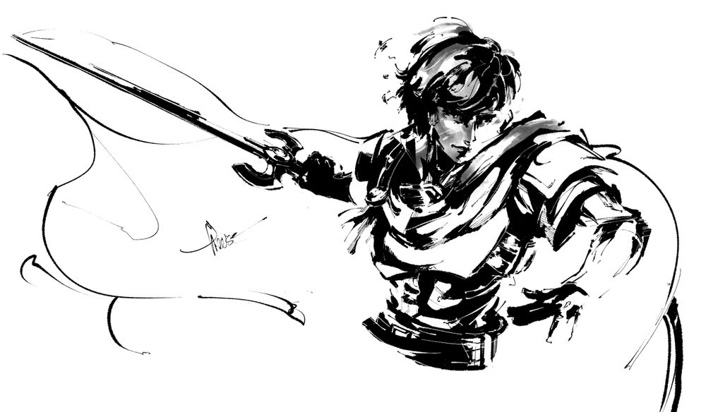 My Work in Progress fanart of the Hero King Marth from the Fire Emblem series, who is also commonly known for his appearance in Super Smash Bros. It will be a pose in midair, all that is currently drawn is his upper body; he is turning his head over his shoulder towards the viewer's right, while his body remains directed more to the left. His sword, Falchion, is in his right hand furthest from the viewer. His cape billows towards the left, implying that he is moving towards the right.
