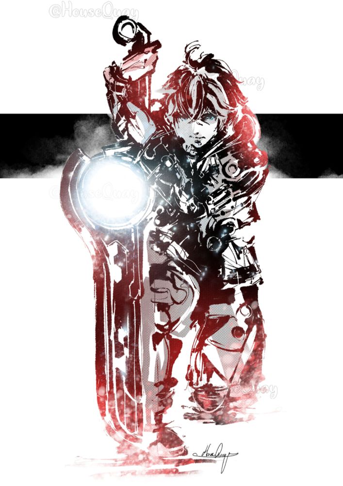 Shulk from the first Xenoblade Chronicles, kneeling on one knee, using the Monado to support his weight as he tries to get up. This is similar to how he struggled to his feet after the mid boss fight cutscene with Metal Face, in Colony 9 at the start of the game.