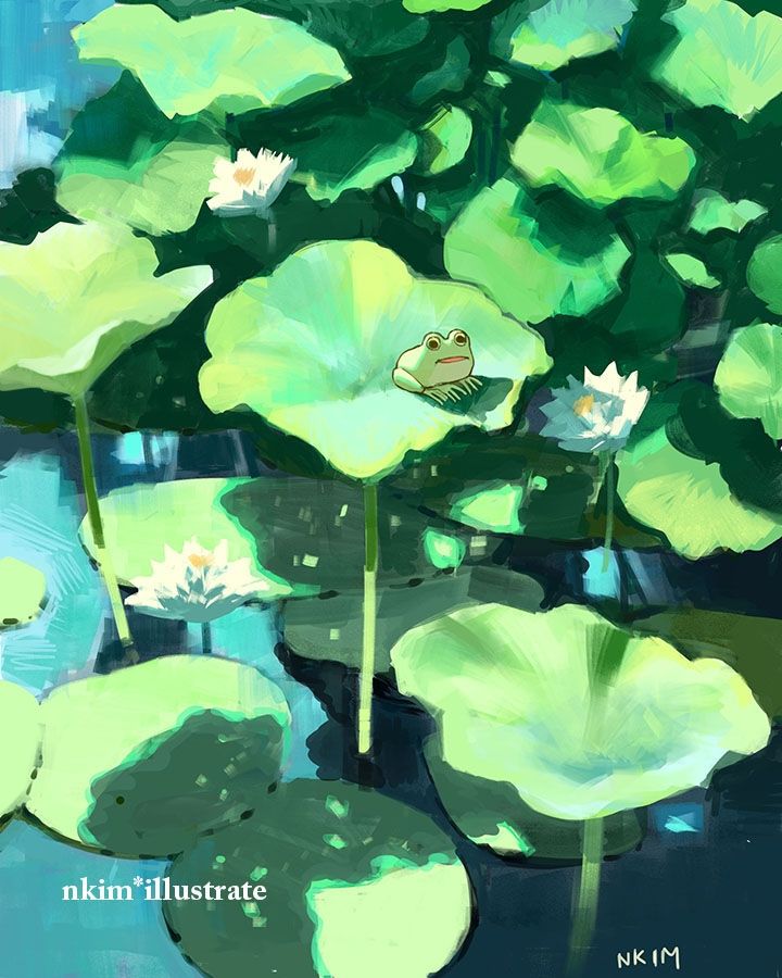 A small frog sitting on a lotus pad surrounded by a bunch of lotus pads and lilypads. 