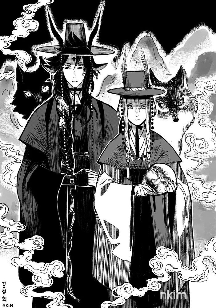 Master Goat Sohn in his traditional hanbok attire and Shaman Moon in her traditional Shaman attire. Two wolves behind them with traditional korean folk painting as the background.