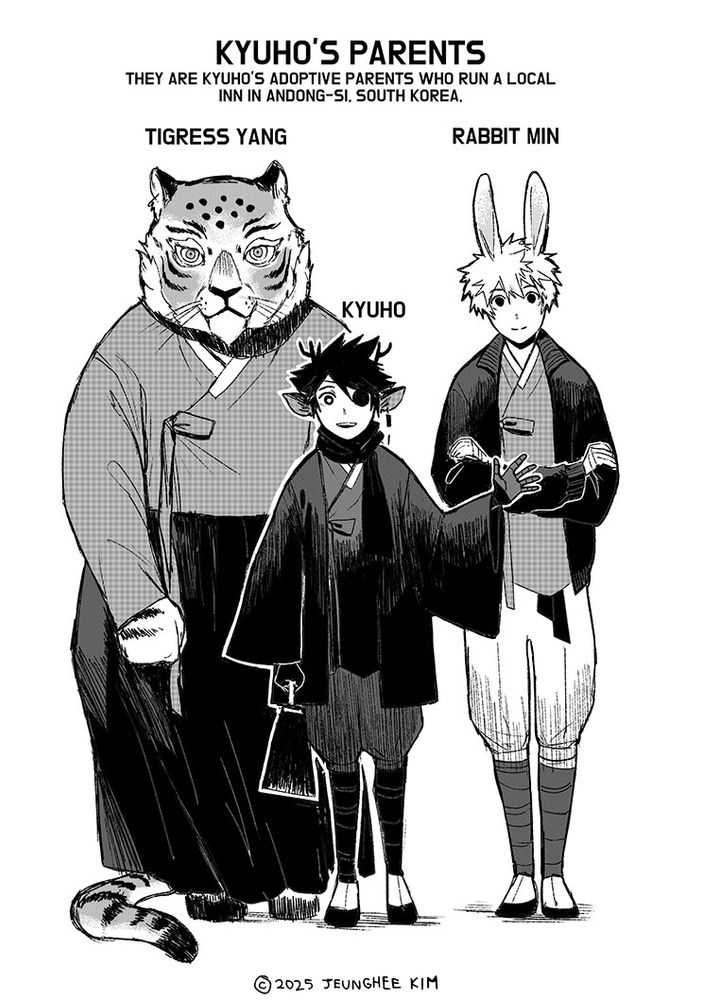 KyuHo and his parents, Tigress Yang and Rabbit Min. All three of them are dressed in hanbok. They are KyuHo's adoptive parents who run a local inn in Andong-si, South Korea. This takes place during 1979 and the rest of the 1980s, so you'll see some modern wear along with their traditional clothing.