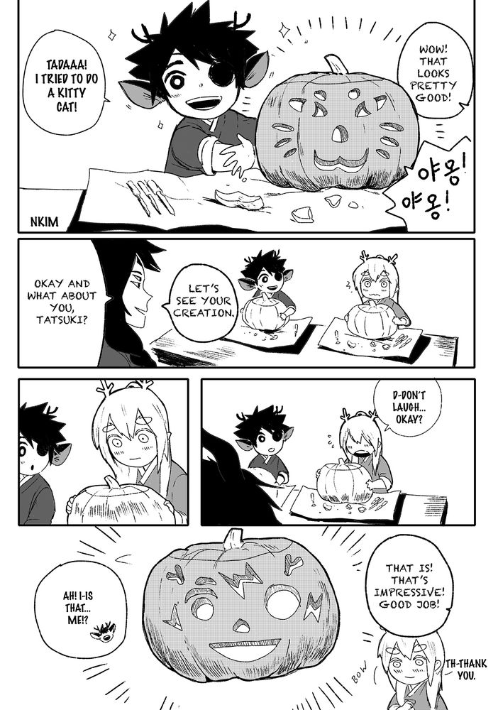 KyuHo shows his pumpkin and his pumpkin shows the features of a cat, while Tatsuki, who is super bashful, carved features of KyuHo onto his pumpkin. 