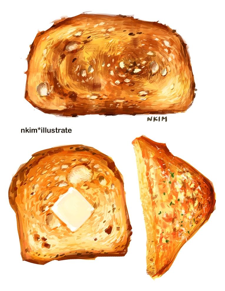 Painting of three toasts! One sourdough toast, one regular toast with butter on it, and half a garlic toast!