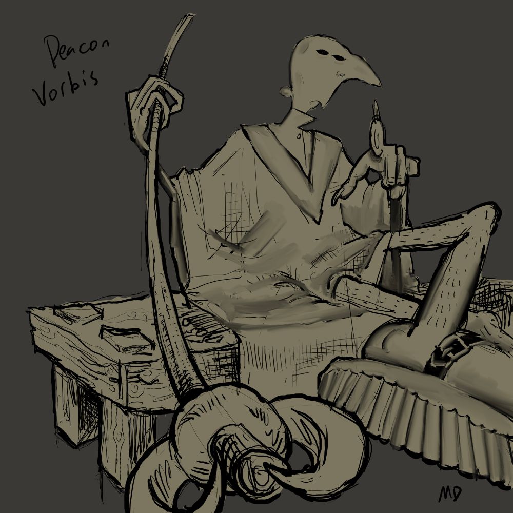 you sit at deacon vorbis's feet. he is a bald, severe looking man with all-black eyes. he points at you. close to you, his sandal could rest on your shoulder. he points to you with the 'horns' end of his staff. he sits on a rough-hewn bench. he wears a flowing linen garment.