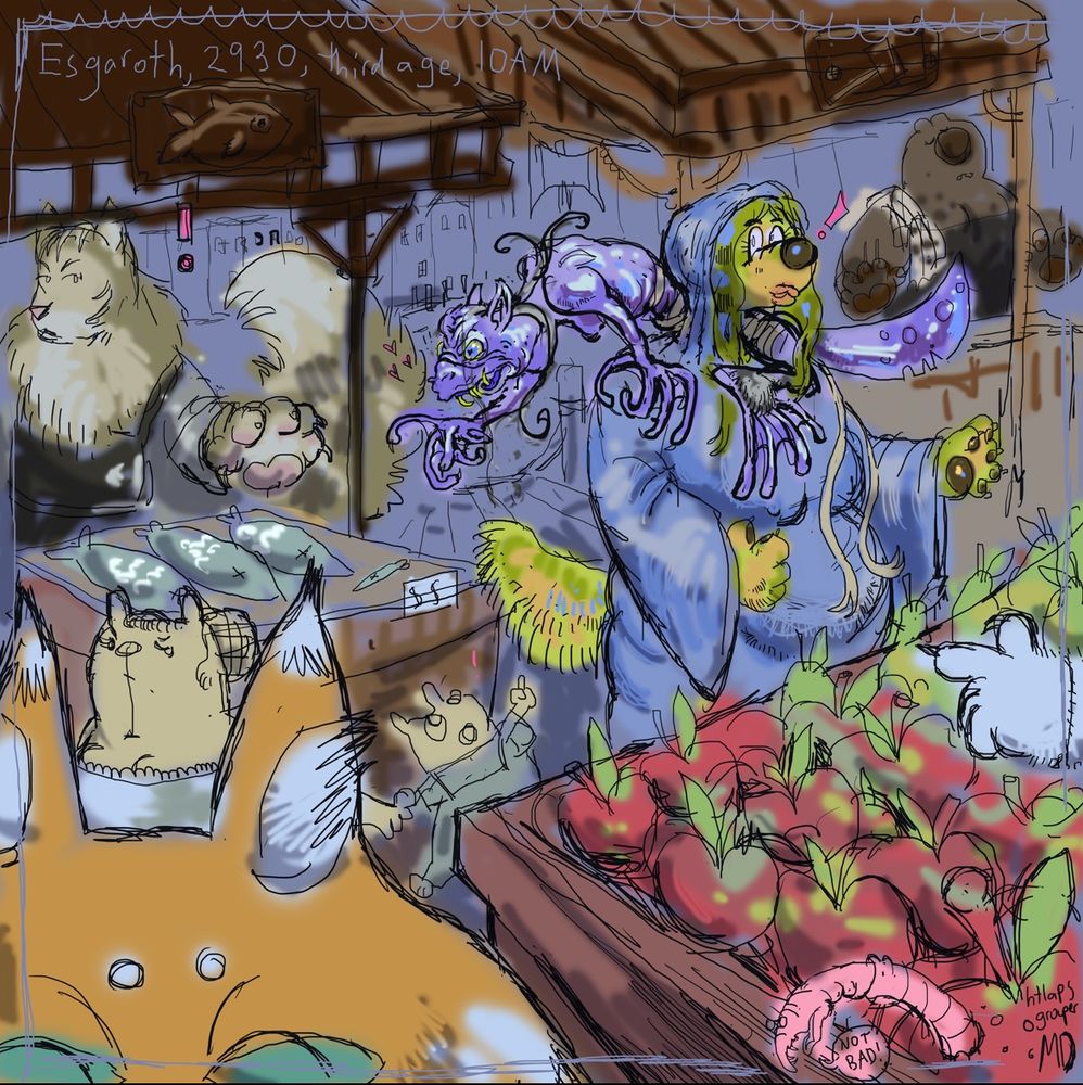  Esgaroth, the year 2930, in the third age. it is 10AM.

a bustling market scene. in a nutshell:

midground: the focal point of the scene. gollum sits on the ahoulders of a heavily pregnant girl, drawn as a labrador retriever. she is beautiful and wears a blue robe. gollum reaches for a fishmonger's cart, trying to nip one of the fat fish which sit on brown paper. the fishmonger is a very fluffy cat. outside the focal point: a hamster child points at gollum with wonder, but is pulled away by his concerned mother hamster.

in the foreground, a fox cannot take his gaze off the pair. from the right side, all that can be seen of the fruit seller is an accusing paw, alerting the fishmonger of gollum's nasty plan. 

in the background, think of amsterdam. the canal stretches behind the market, showing lines of houses on the other side of a bay.