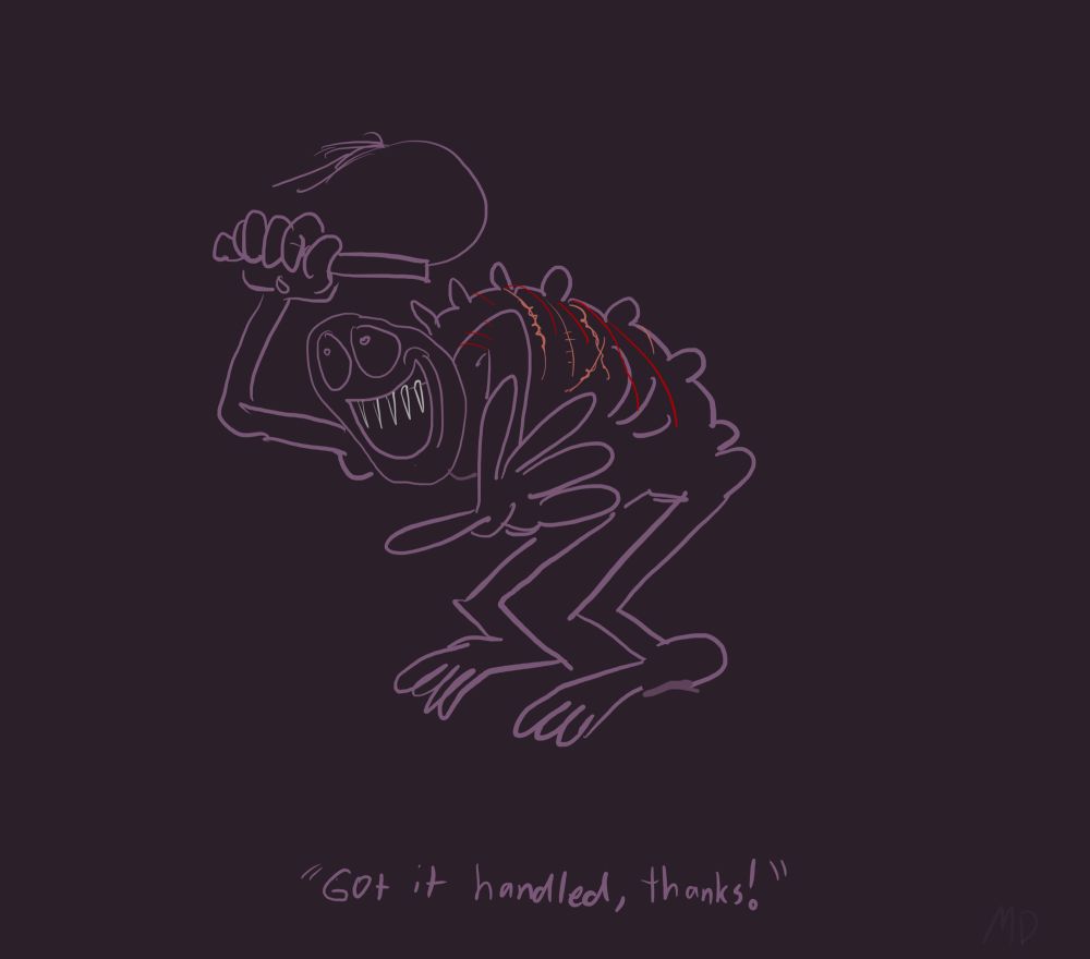 A cartoon. A person whipping their exaggerated back with a cat o nine tails. Text reads: ‘got it handled, thanks!