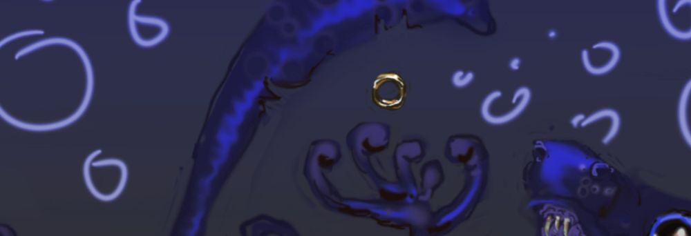 a wip showing a hand clutching for the one ring, a toothy snout, and a long amphibious tail. bubbles abound, though they're currently drawn as simple circles. the piece is unfinished