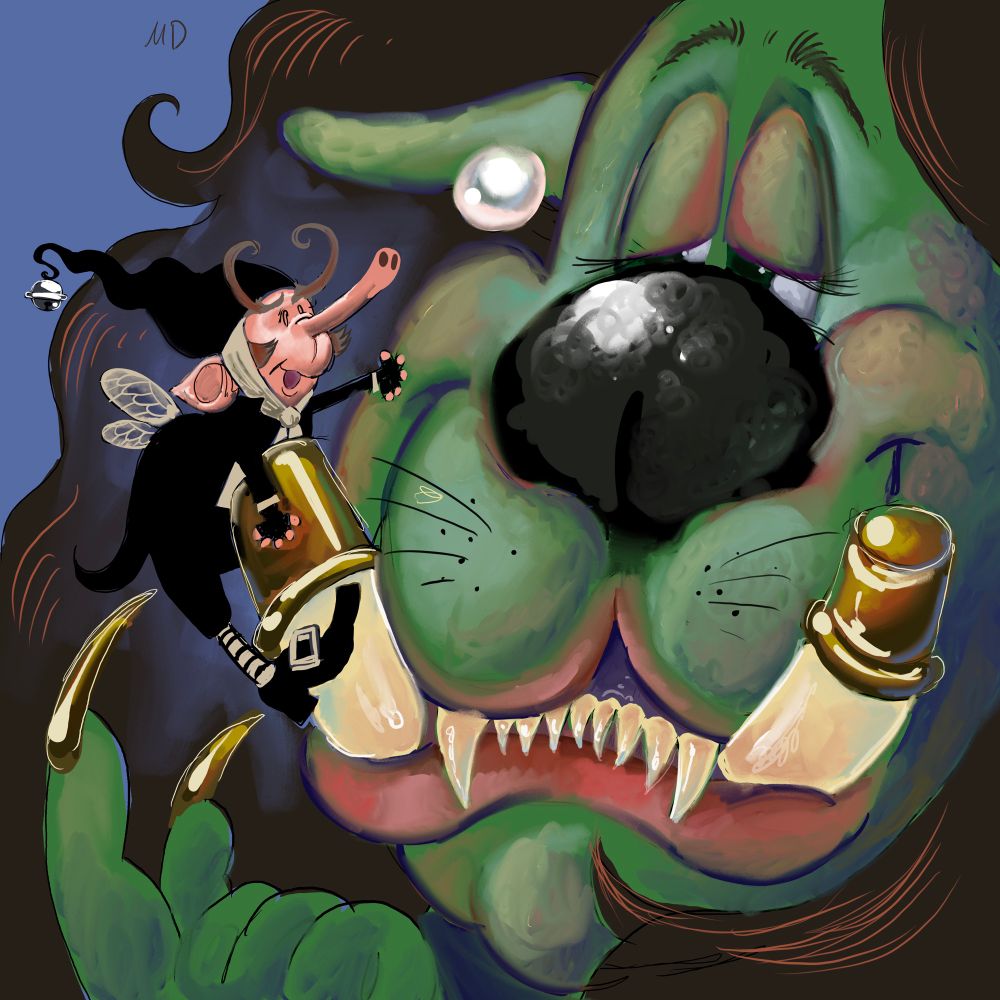 A beautiful lady orc looks lovingly at a shrew-like fairy, who hangs off one of her gold-capped tusks.
