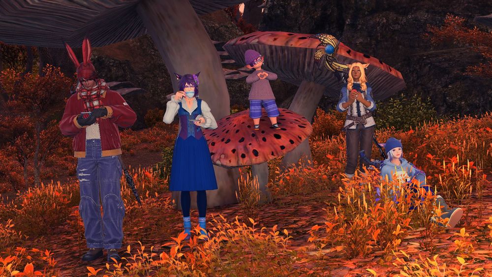 Screenshot from FFXIV of 5 characters standing and sitting in the North Shroud in front of some giant mushrooms and beautiful fall colored foliage
