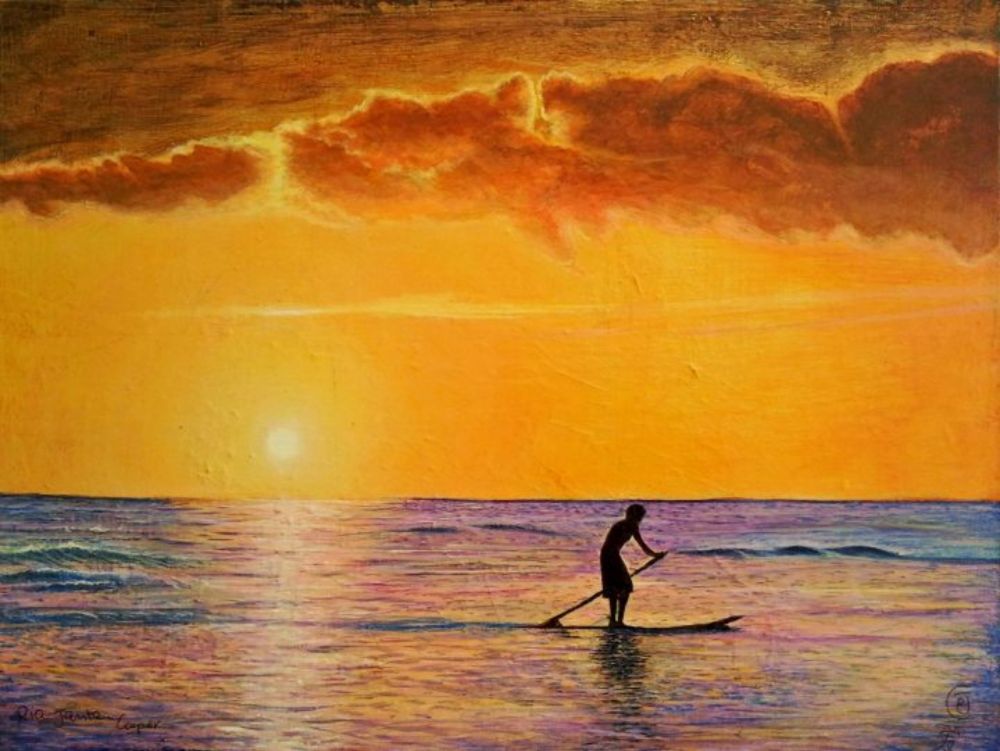 Hawaiian Sunset With Paddle Surfer - Rhia Janta-Cooper Art