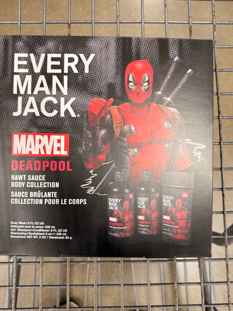 Every Man Jack Deadpool “Hawt Sauce Body Collection” with body wash, shampoo/conditioner, and deodorant.
