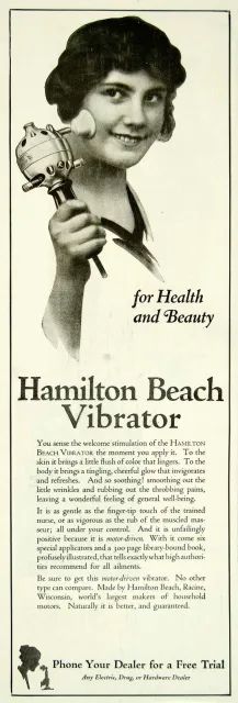Vintage ad for a Hamilton beach vibrator. The illustration shows a woman using it on her face. I can’t read the text but I’m sure it says a lot of coded stuff about how relaxed and confident it makes you.