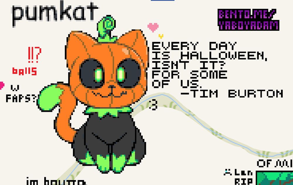 An image of Pumkat, a pumpkin-headed cat with a caption “Every day is Halloween, isn’t it? For some of us.” A quote from Tim Burton.