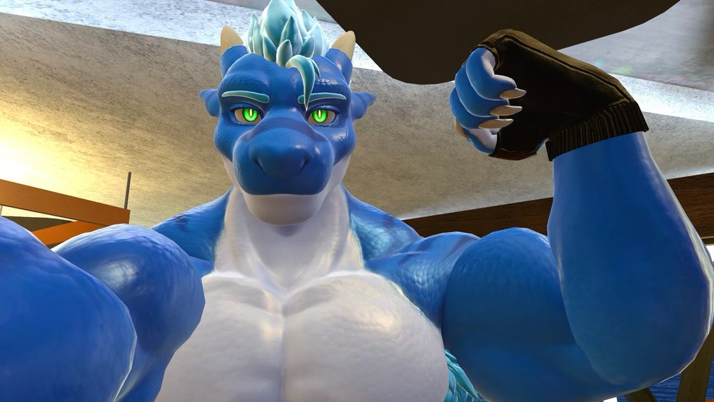 An image of Derek, a dragon with blue and white scales, topless, striking a pose in front of the camera while holding it.