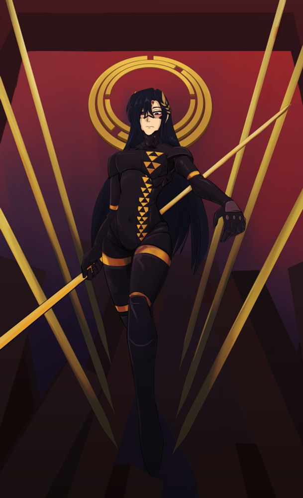 Portrait of Falke from Signalis, an android crowned in a golden wreath and halo, descending down with spear in hand and surrounded by similar spears.