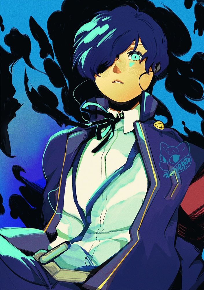 image is an illustration of the Persona 3 male protagonist amidst a blue background of fabric tatters, facing the viewer with an empty/melancholic stare. amidst the tatters is a silhouette of Ryoji, a key character