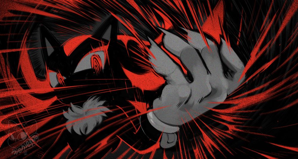 abstract illustration of shadow the hedgehog, depicted in limited colours of black, red, and grey. he holds a hand out to the viewer, as if beholding the power he holds, as his piercing red eyes looks to it. around him are vivid impact lines of red, as if energy is spurred from his outstretched hand. his face is darkened and obscured, but you can infer that he is vengeful.