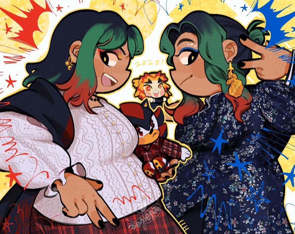 illustration of two self portraits, both of the artist in a slightly modern take on traditional wear. one wears a kebaya and long plaid skirt, with a black and red shawl draped over them. meanwhile, the other wears a deep blue cheongsam with white flower patterns, styled with gold goldfish earrings and large chunky black boots. both carry a plush or toy with them that happens to match the respective outfits. they are posed in a lively manner and are facing each other, but looking at the viewer impishly