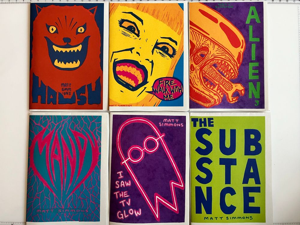 Full colour horror zines: House, Fire Walk With Me, Alien3, Mandy, I Saw The TV Glow, and the Substance