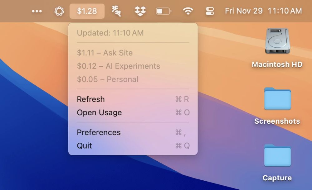 Screenshot of Peek macOS menubar app, shows overall OpenAI spend $1.28 and a breakdown of the project spends.