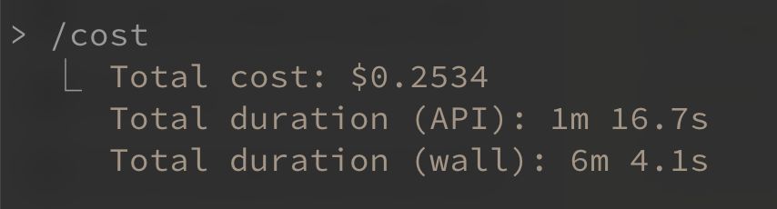 Claude coding /cost command, showing $0.2534 spent