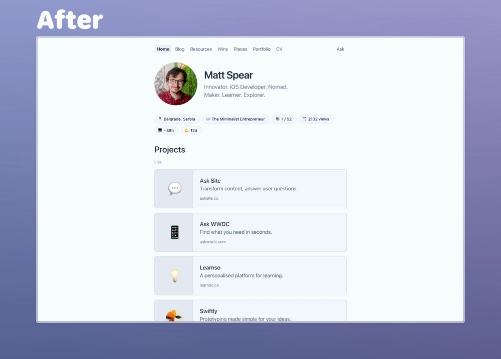 New version of mattspear.co, more refined bordered slate gray colour. Navigation, profile section and projects list.