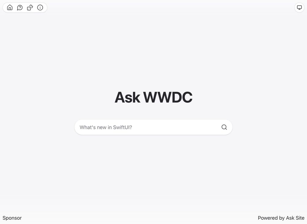 askwwdc.com landing page with search box and text "What's new in SwiftUl?" all in a new light mode theme