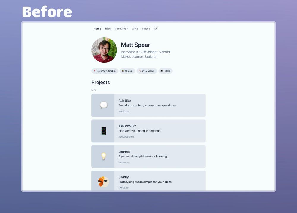 Previous version of mattspear.co, block slate gray colour. Navigation, profile section and projects list.
