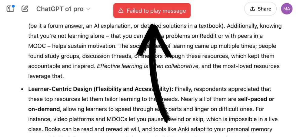 ChatGPT page with error message saying "Failed to play message" in red warning at the top
