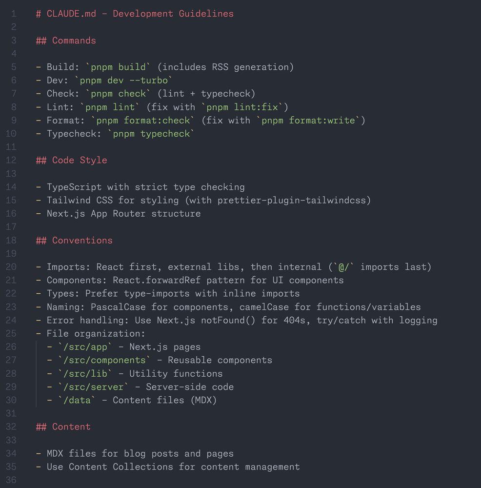 CLAUDE.md file contents with sections, command, code style, conventions and content