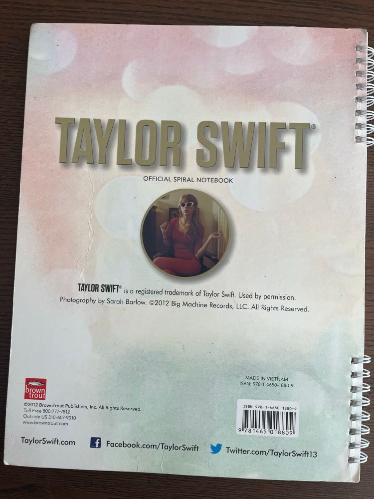 back cover of Taylor Swift spiral notebook