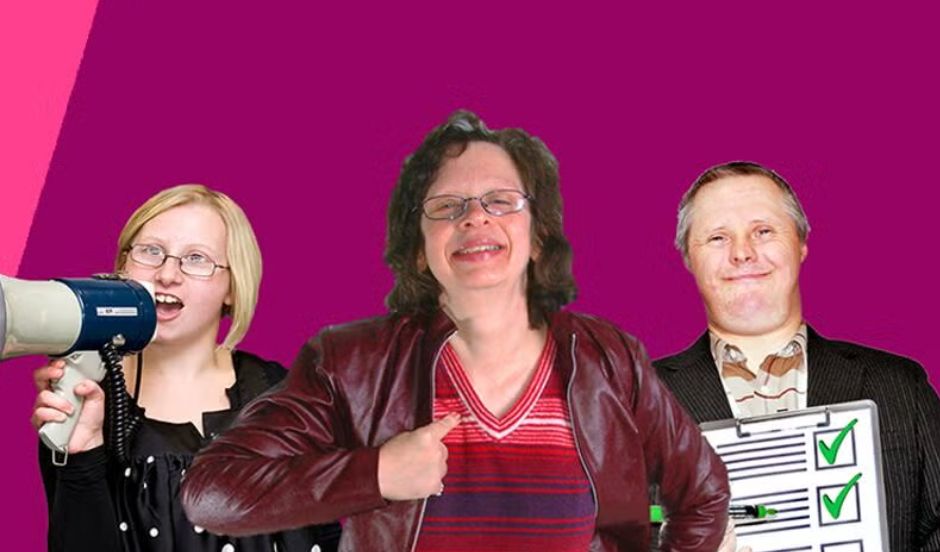 3 people in front of a magenta background. One person has a loud hailer, one is pointing to themselves and the other is holding a ticklist.