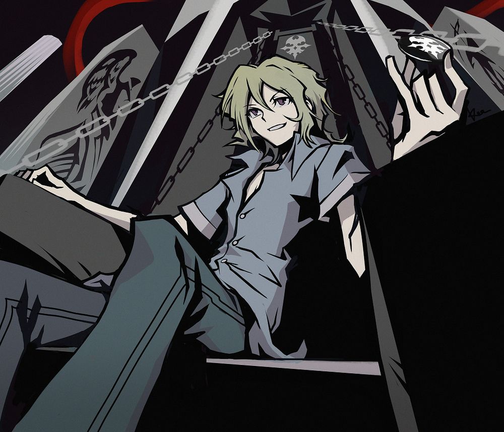 Joshua from The World Ends With You sitting on the throne in the Room of Reckoning, holding a Player pin in his left hand