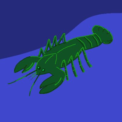 An MSpaint drawing of a green lobster on a blue background.