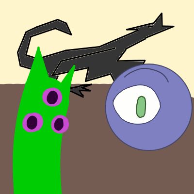 a green guy (a green worm with cat ears and three purple eyes) next to ufollie (a floating purple orb with one green eye), both look surprised at the viewer while a low-poly dragon roars in the background