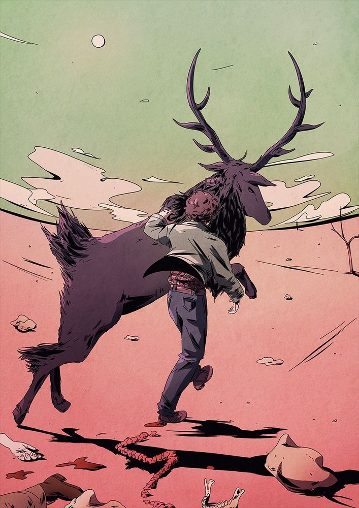 Will and the stag from NBC Hannibal walking through a surreal desert landscape while leaving bones and entrails in their wake