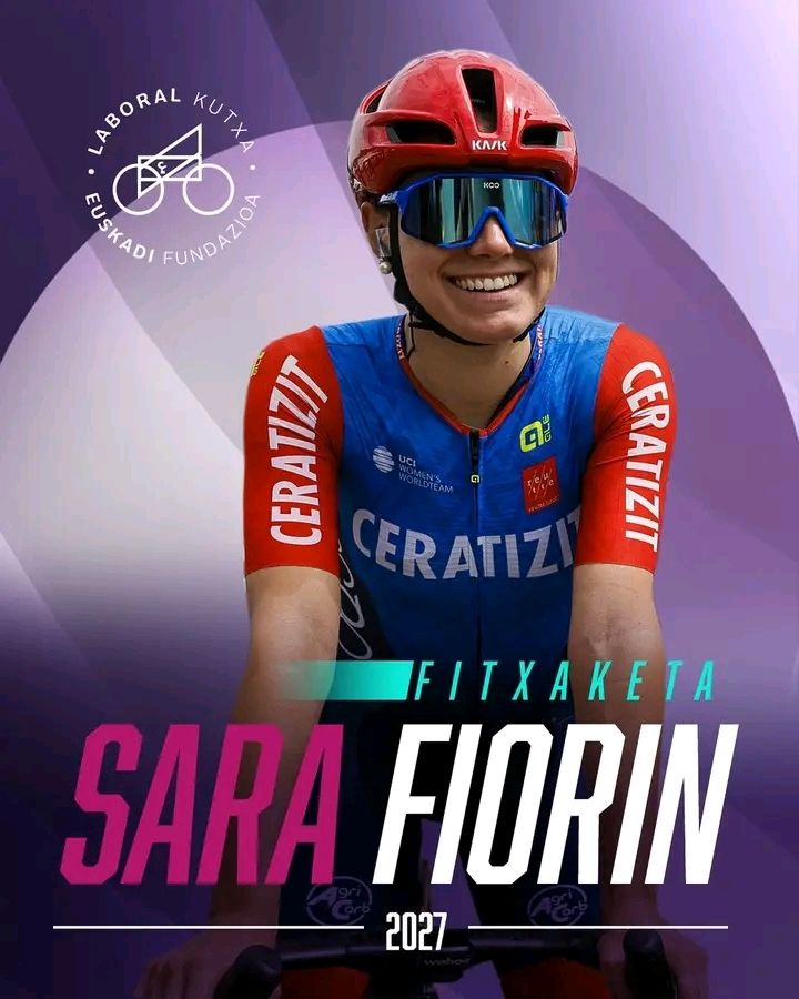 L'image publiée par Laboral pour annoncer la signature de Sara Fiorin. On y voit une photo de Sara Fiorin souriante, en tenue Ceratizit (lors d'une présentation), le logo de l'équipe Laboral Kutxa-Fundacion Euskadi en haut à gauche, et en bas les textes suivants :
FITXAKETA 
SARA FIORIN
2027