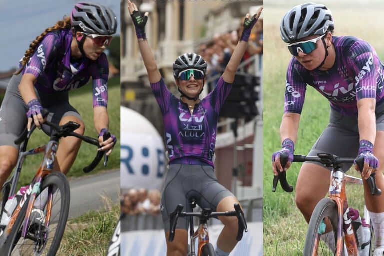 Noä Jansen (à droite), Mackenzie Coupland et Matilde Vitillo, les trois coureures promues de la Conti à la WT Liv AlUla Jayco 