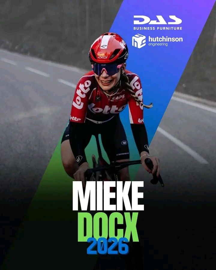 L'image publiée par DAS Hutchinson pour annoncer la signature de Mieke Docx. On y voit une photo de Mieke souriante, en course, en tenue Lotto, et, en haut à droite, les logos de Das et d'Hutchinson. En dessous de la photo de Mieke, il y a les textes suivants :
MIEKE
DOCX
2026