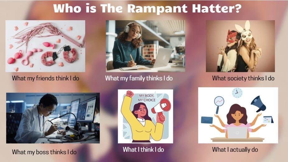 A meme titled "Who is The Rampant Hatter". A photo of various pink sex toys with caption "what my friends think I do". A picture of a student, with headphones and a laptops, with caption "what my family thinks I do". A photo of women wearing full face leather masks, one of a bunny, one of a cat, at a party, making growling gesture with their hands, with caption "what society thinks I do". A photo of a female engineer in a lab, working with a soldering iron on a piece of electronic equipment, with caption "what my boss thinks I do". And illustration of a female activist, holding a megaphone and the sign "my body my choice", with caption "what I think I do". An illustration of a woman with 4 arms, a laptop, a magnifier, a clock, a megaphone and a calendar, with caption "What I actually do".