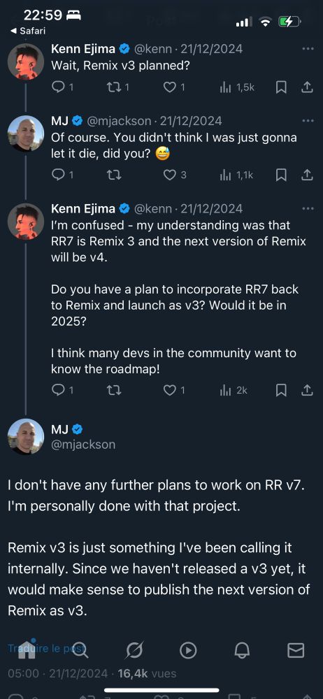 X conversation screenshot from 21th Dec. 2024

Kenn Ejima: Wait, Remix v3 planned?

MJ (remix co-creator): Of course. You didn't think I was just gonna let it die, did you? 😅

Kenn Ejima: I’m confused - my understanding was that RR7 is Remix 3 and the next version of Remix will be v4.

Do you have a plan to incorporate RR7 back to Remix and launch as v3? Would it be in 2025?

I think many devs in the community want to know the roadmap!

MJ: I don't have any further plans to work on RR v7. I'm personally done with that project.

Remix v3 is just something I've been calling it internally. Since we haven't released a v3 yet, it would make sense to publish the next version of Remix as v3.
