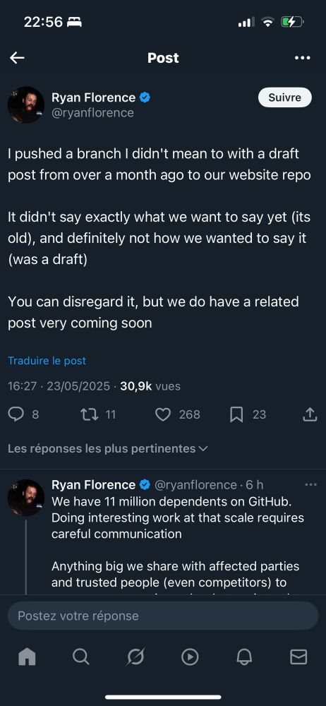 X screenshot of a Ryan Florence (remix co-creator) tweet date from  May 23th 2025 at 4.27pm:

« I pushed a branch I didn't mean to with a draft post from over a month ago to our website repo

It didn't say exactly what we want to say yet (its old), and definitely not how we wanted to say it (was a draft)

You can disregard it, but we do have a related post very coming soon »
