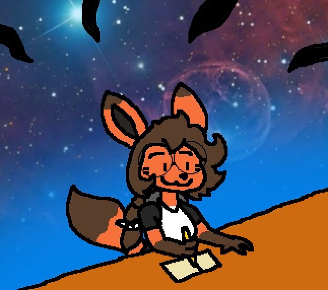 An anthro fox girl sitting at a table, writing something. The background is a star scape, with tendrils of darkness encroaching. 