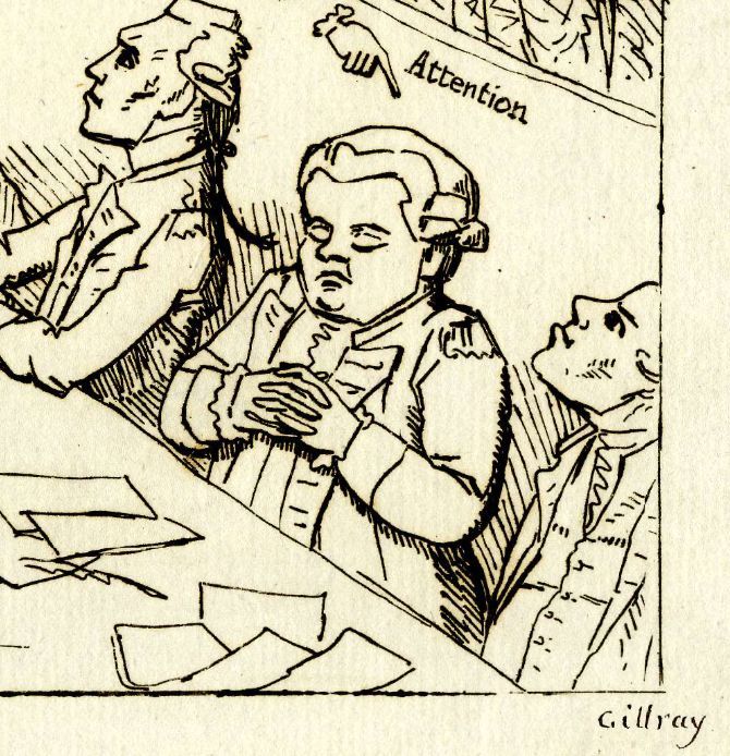 A man sleeping at a table, his eyes closed. Maybe he is praying with his eyes closed, but I am unsure. The detail is part of a satirical etching from 1782, here is the source: https://www.britishmuseum.org/collection/object/P_1868-0808-4898 Thank you for reading the alt text. 