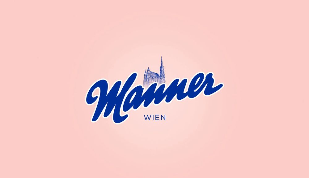 Manner Schriftzug mit dem Wort Wien drunter und dem Stephansdom über den Buchstaben a und n