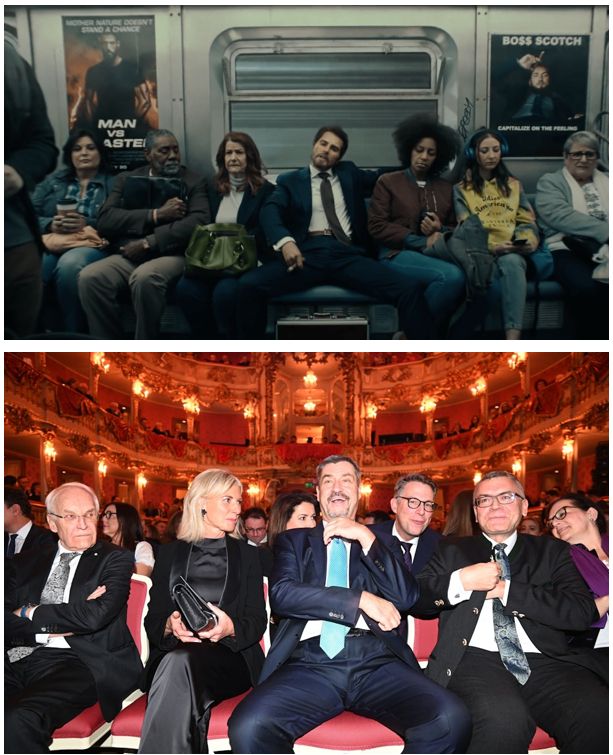 Oben: Scene aus dem Taylor Swift Video "The Man"
Unten: „Adventskonzert des Bayerischen Ministerpräsidenten“, Amt Edmund Stoiber (li.).  Ulrike Scharf und Florian Herrmann, Michaela Kanniber und Markus Blume (2. Reihe) rahmen Söder.
(Foto: Stephan Rumpf)