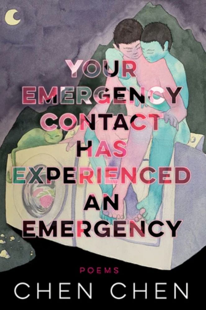 cover of Your Emergency Contact Has Experienced an Emergency. art by Vincent Chong, design by Sandy Knight. artwork is a painting of two embracing nude figures atop a dryer + a green cat atop a washer. in the background, a mountain & crescent moon