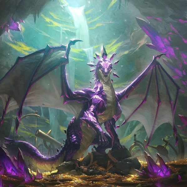 Purple Amethest Dragon sitting on a pile of gold in a cave lit by a beam of sunlight by Joshua Raphael.
