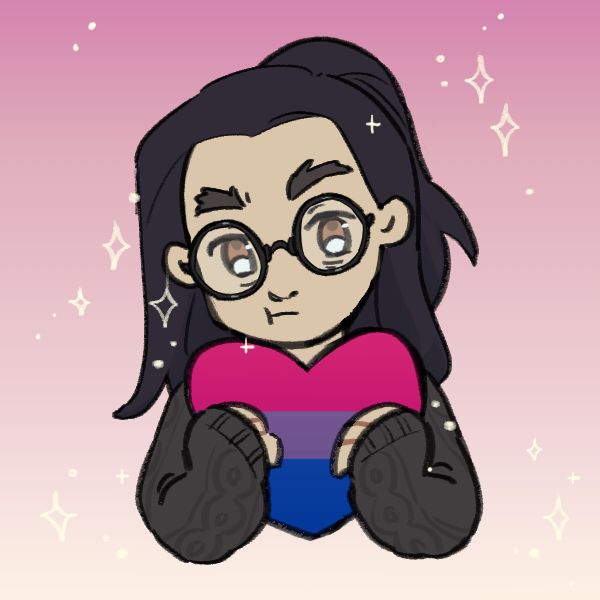 An adorable animation of a dark haired, black sweater wearing bisexual with glasses